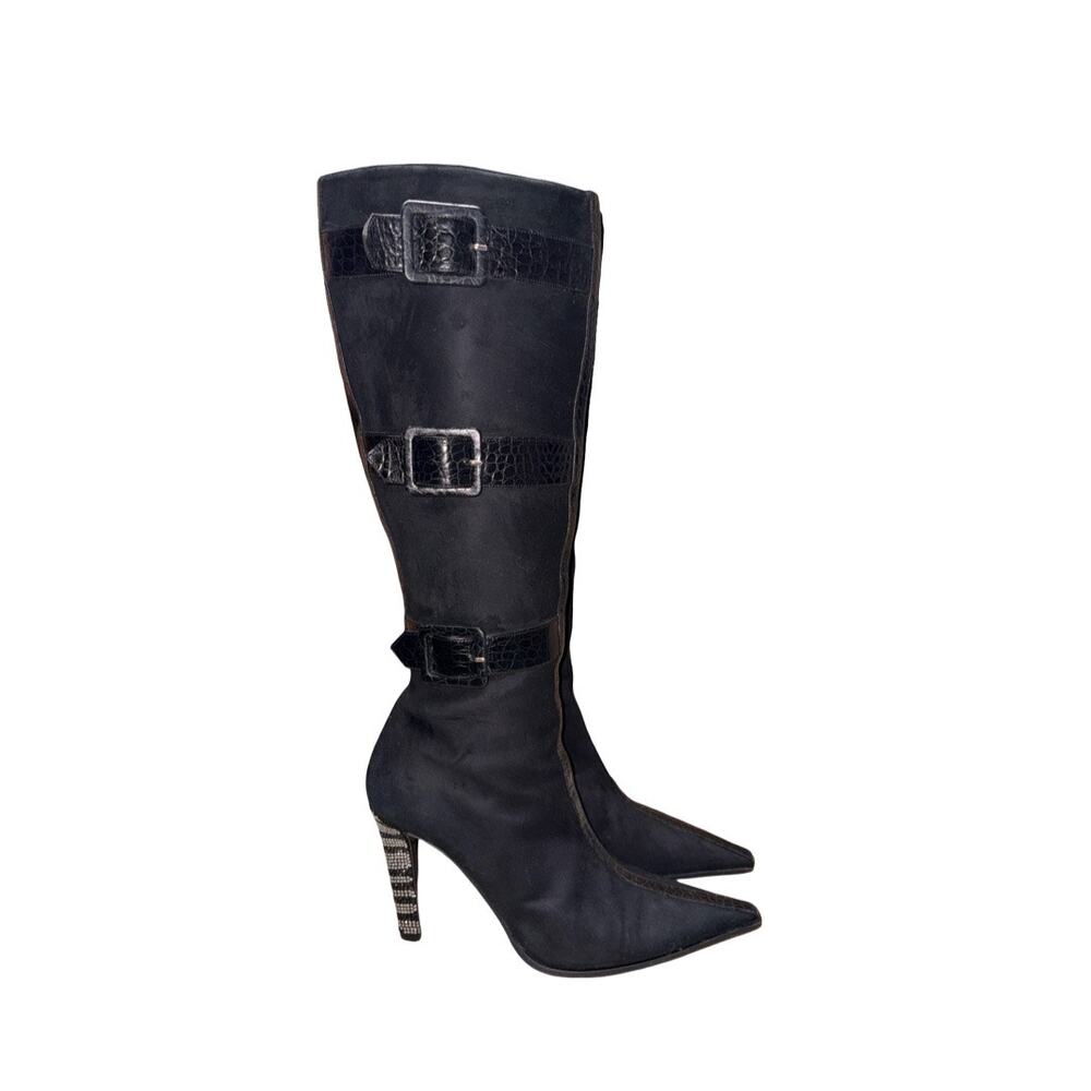 Valentino Garavati Black Suede Crystal Embellished Knee High Boots Size:39.5/9.5